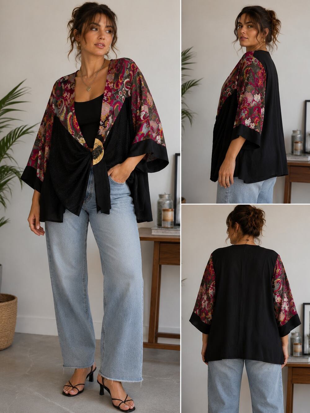 Spencer Alexis Kimono Jacket Womens 1X Paisley Beaded Open Front Boho Duster NWT